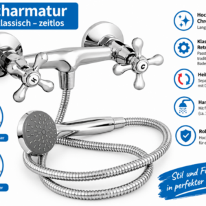 ZXC RETRO 4500-5 Duscharmatur Chrom – nostalgische Brausearmatur mit Handbrause und Schlauch